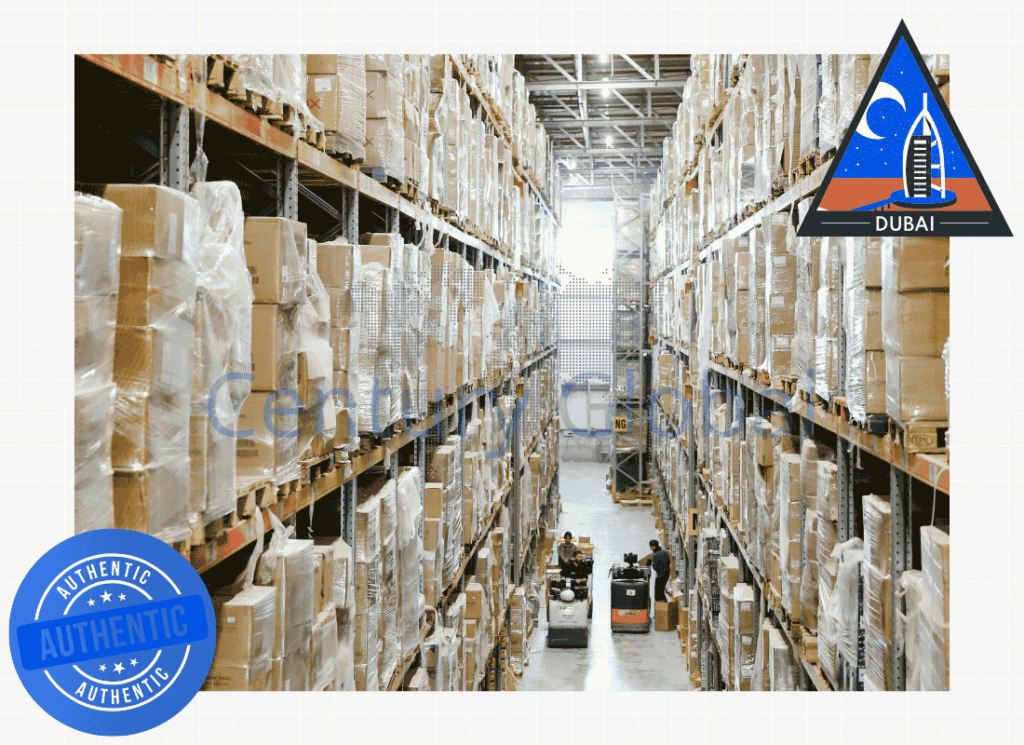 Warehouse aisle with tall shelves filled with boxed pallets; workers drive forklifts in the distance.