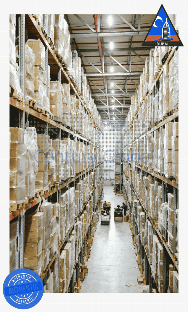 Long warehouse aisle with tall shelves loaded with boxed goods, forklifts in the distance on the central aisle.
